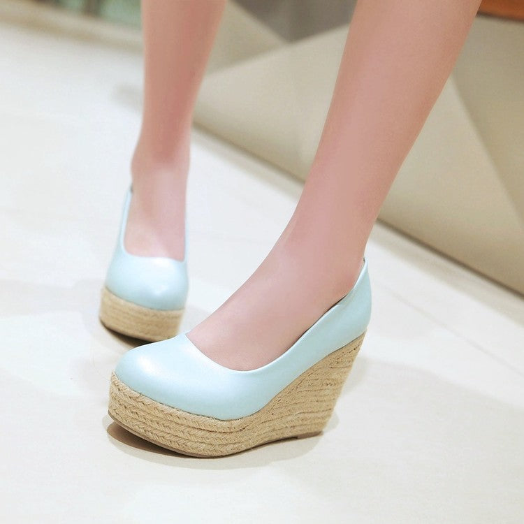 Women's Pumps Pu Leather Round Toe Woven Wedge Heel Platform Shoes