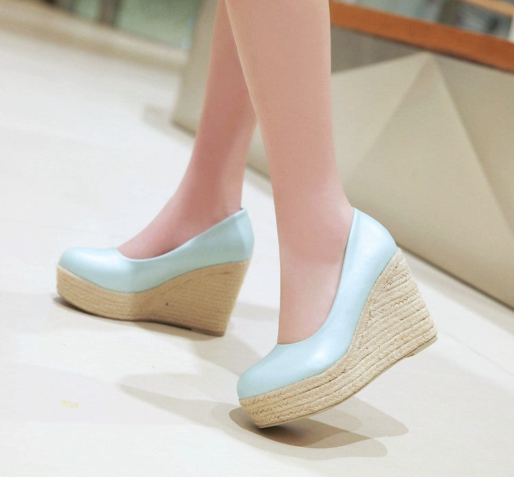 Women's Pumps Pu Leather Round Toe Woven Wedge Heel Platform Shoes