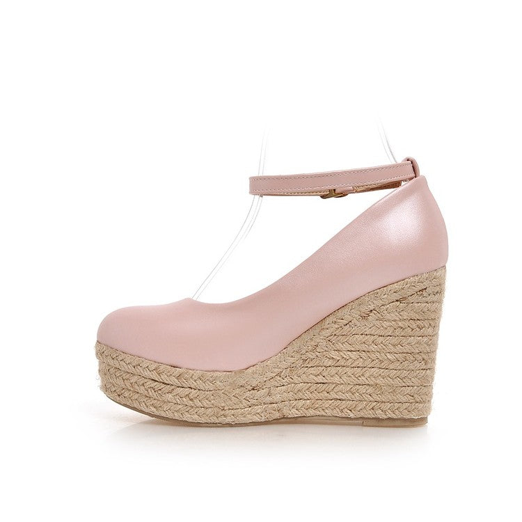Women's Pumps Candy Color Pu Leather Round Toe Woven Wedge Heel Platform Shoes