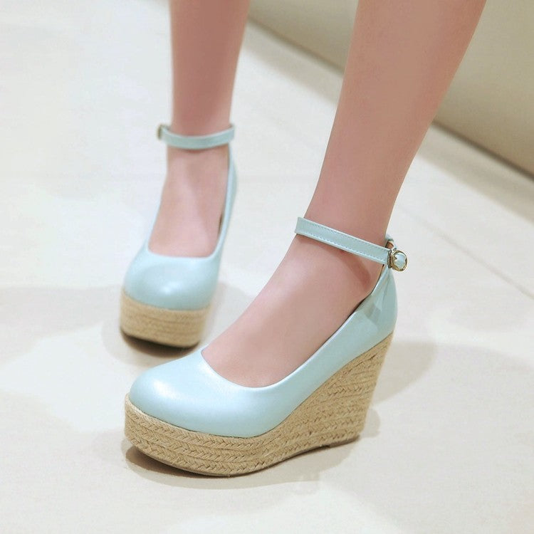 Women's Pumps Candy Color Pu Leather Round Toe Woven Wedge Heel Platform Shoes
