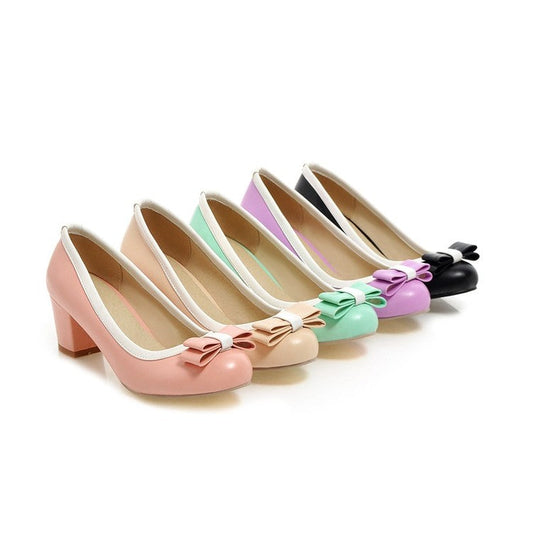 Women's Bow Tie High Heels Chunky Pumps