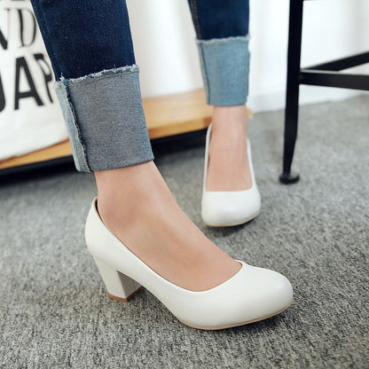 Women's Round Toe High Heels Chunky Pumps