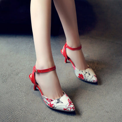 Women's Pointed Toe Flora Printed Ankle Strap Buckle High Heel Sandals