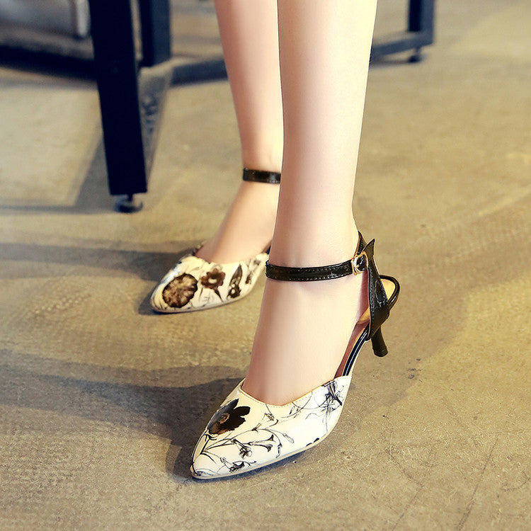 Women's Pointed Toe Flora Printed Ankle Strap Buckle High Heel Sandals