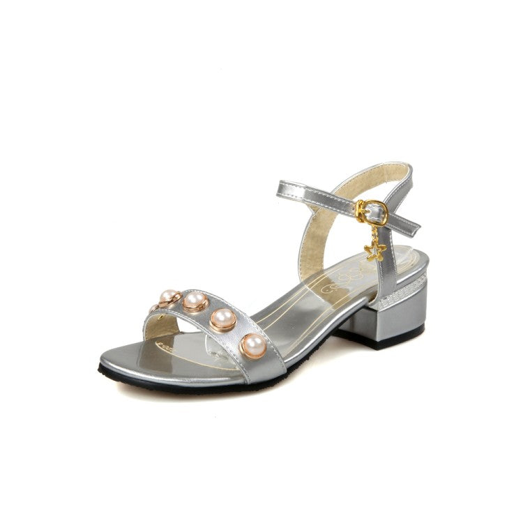 Women's's Chunky Heel Solid Color Peep Toe Buckle Strap Pearls Sandals