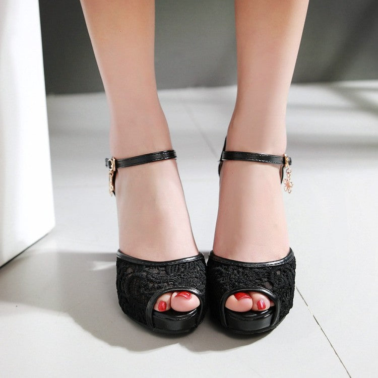 Women's Lace Ankle Strap Flora Mesh High Heel Platform Sandals