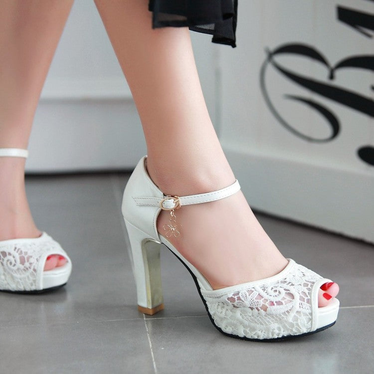 Women's Lace Ankle Strap Flora Mesh High Heel Platform Sandals