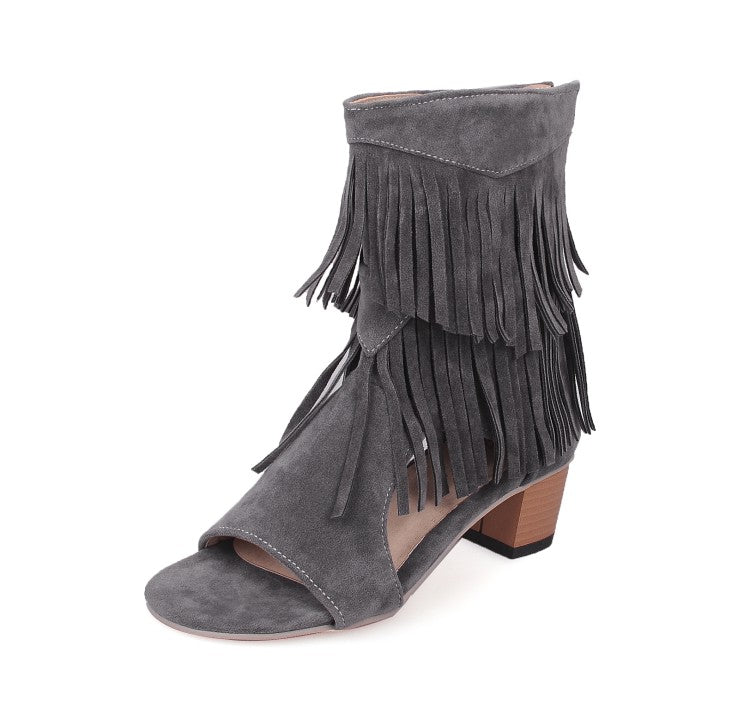 Women's Solid Color Suede Tassel Round Toe Hollow Out Block Heel Sandals