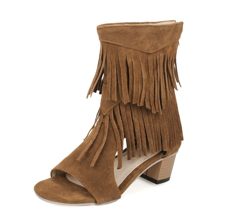 Women's Solid Color Suede Tassel Round Toe Hollow Out Block Heel Sandals