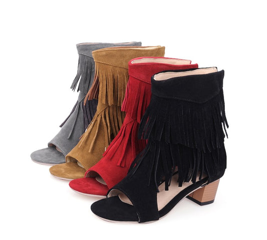 Women's Solid Color Suede Tassel Round Toe Hollow Out Block Heel Sandals