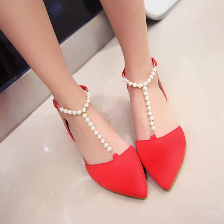 Women's Solid Color Pointed Toe Pearls Beading Flat Sandals