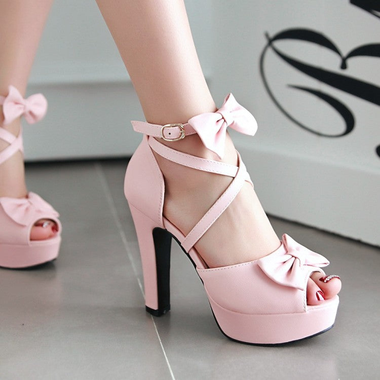 Women's Solid Color Peep Toe Butterfly Knot Cross Ankle Strap High Heel Platform Sandals