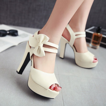 Women's Solid Color Double Ankle Strap Butterfly Knot High Heel Platform Sandals