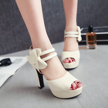 Women's Solid Color Double Ankle Strap Butterfly Knot High Heel Platform Sandals