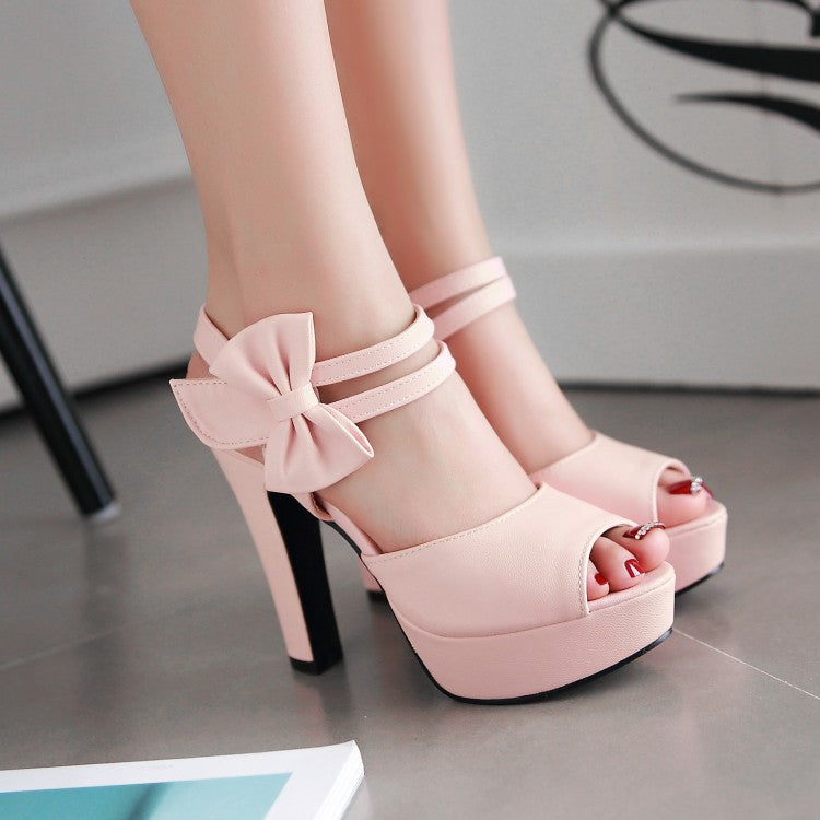 Women's Solid Color Double Ankle Strap Butterfly Knot High Heel Platform Sandals