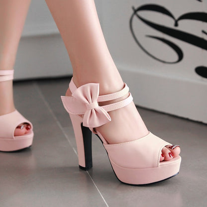 Women's Solid Color Double Ankle Strap Butterfly Knot High Heel Platform Sandals