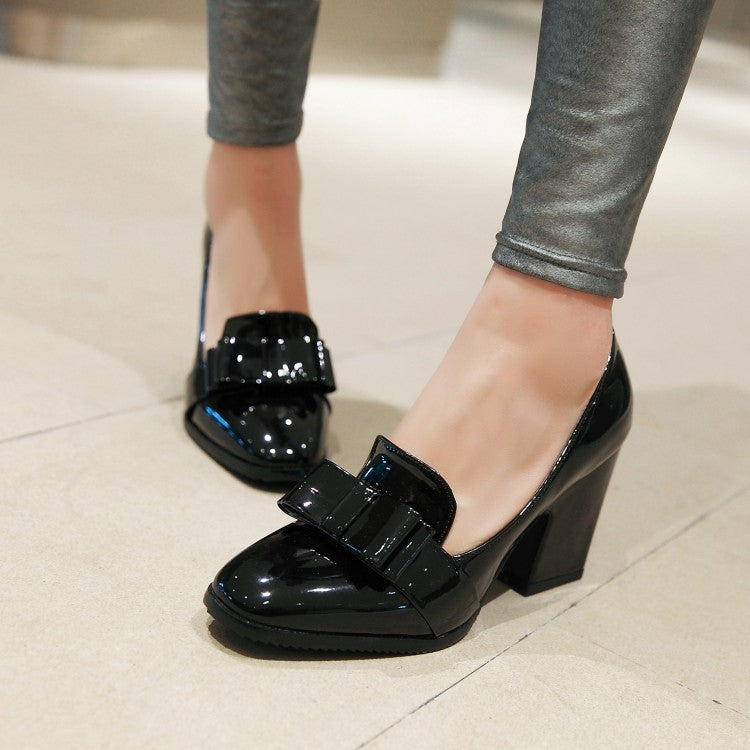 Women Patent Leather Bow High Heel Chunky Pumps