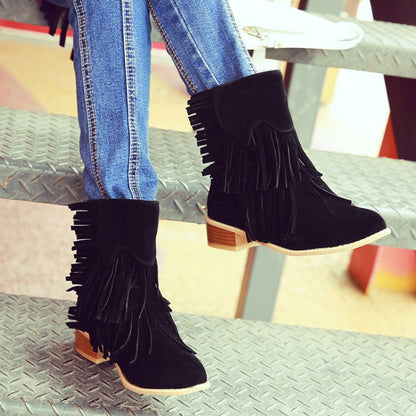 Women's Tassel Mid Heels Short Boots