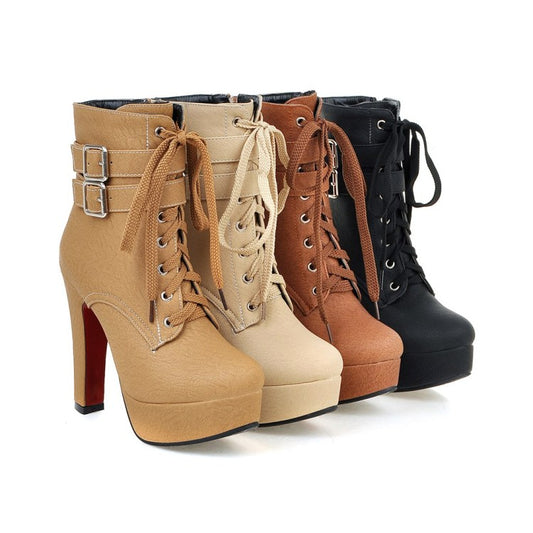 Women's Pu Leather Round Toe Tied Belts Buckles Chunky Heel Platform Short Boots