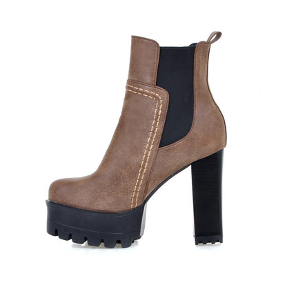 Women's Frosted Pu Leather Round Toe Block Heel Platform Short Boots