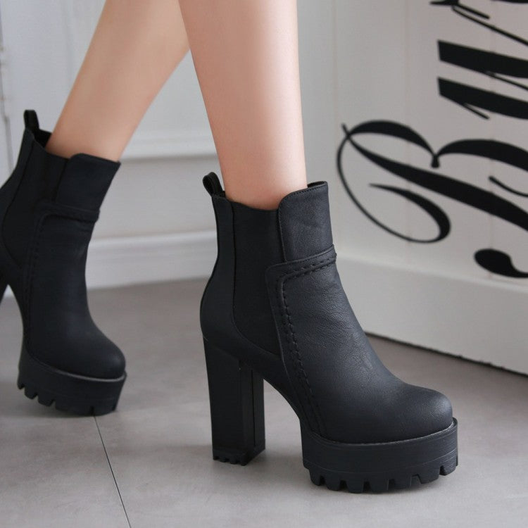 Women's Frosted Pu Leather Round Toe Block Heel Platform Short Boots