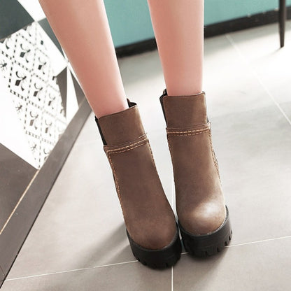 Women's Frosted Pu Leather Round Toe Block Heel Platform Short Boots