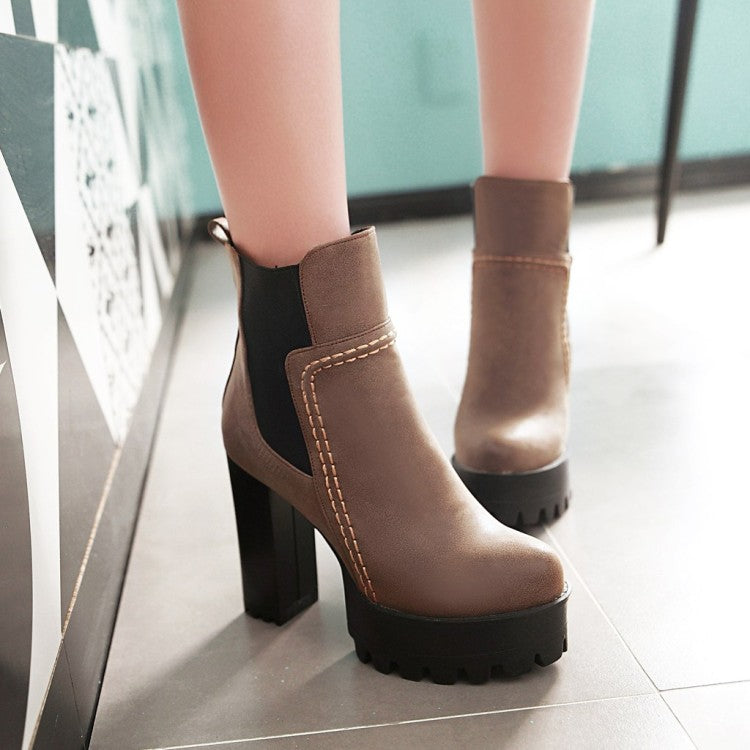 Women's Frosted Pu Leather Round Toe Block Heel Platform Short Boots