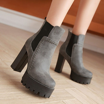 Women's Frosted Pu Leather Round Toe Block Heel Platform Short Boots