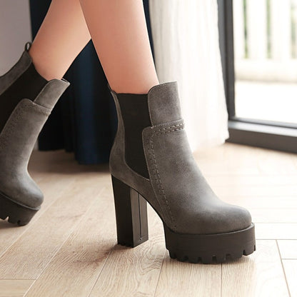 Women's Frosted Pu Leather Round Toe Block Heel Platform Short Boots