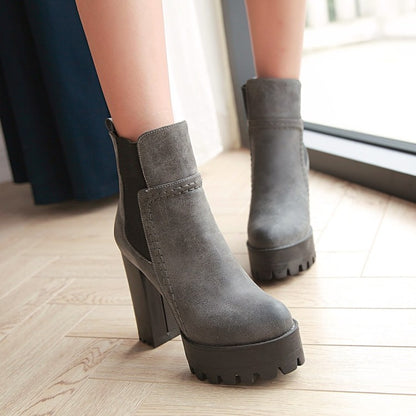 Women's Frosted Pu Leather Round Toe Block Heel Platform Short Boots