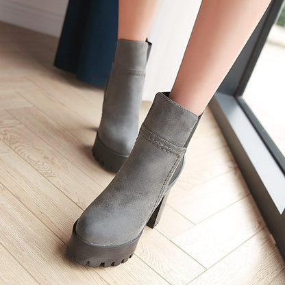 Women's Frosted Pu Leather Round Toe Block Heel Platform Short Boots