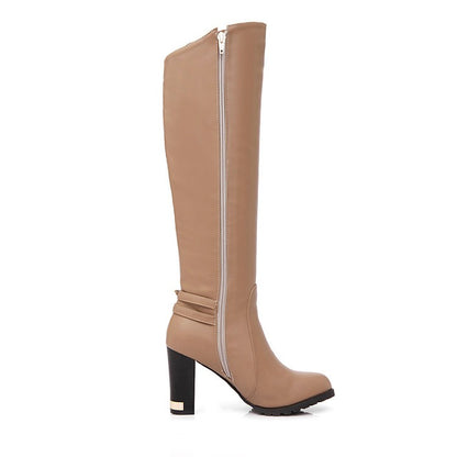 Women's Pu Leather Round Toe Belts Buckles Chunky Heel Knee High Boots