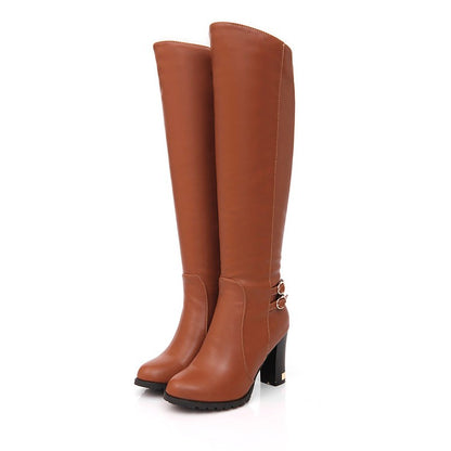 Women's Pu Leather Round Toe Belts Buckles Chunky Heel Knee High Boots