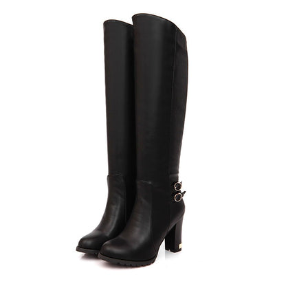 Women's Pu Leather Round Toe Belts Buckles Chunky Heel Knee High Boots