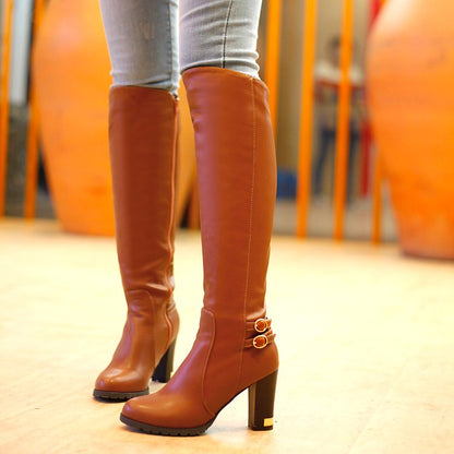 Women's Pu Leather Round Toe Belts Buckles Chunky Heel Knee High Boots