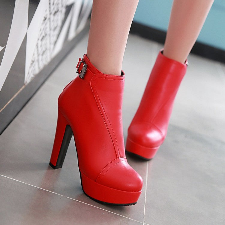 Women's Pu Leather Round Toe Stitching Belts Buckles Chunky Heel Platform Short Boots