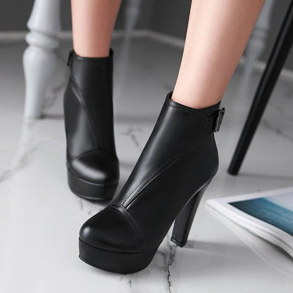 Women's Pu Leather Round Toe Stitching Belts Buckles Chunky Heel Platform Short Boots