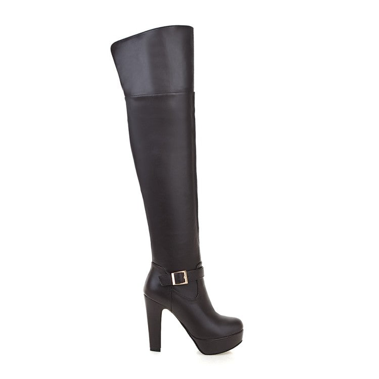 Women's Pu Leather Side Zippers Belts Buckles Chunky Heel Platform Over the Knee Boots