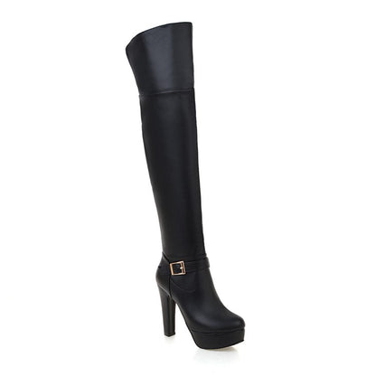 Women's Pu Leather Side Zippers Belts Buckles Chunky Heel Platform Over the Knee Boots