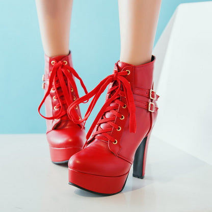 Women's Pu Leather Almond Toe Lace Up Buckle Straps Block Chunky Heel Platform Short Boots