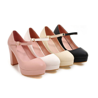 Women's Pu Leather Almond Toe Ankle Strap Block Heels High Heel Platform Pumps