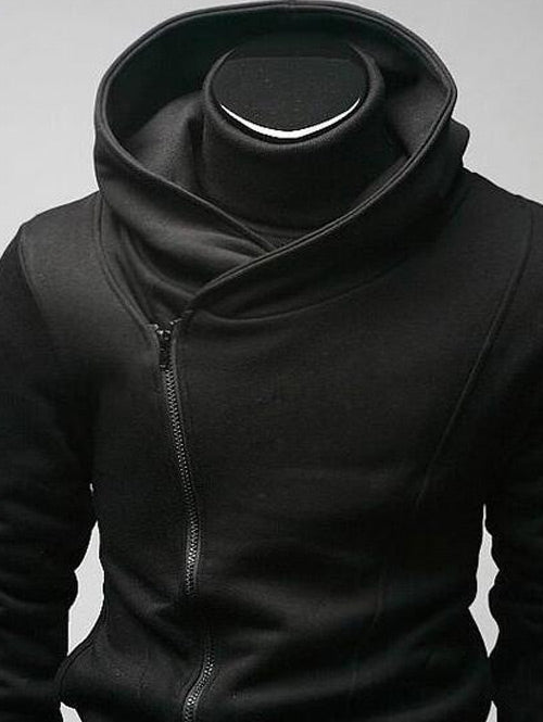 Side Zip Up Long Sleeve Plain Neck Hoodie For Men - Black - 2Y01015814 Size  2XL