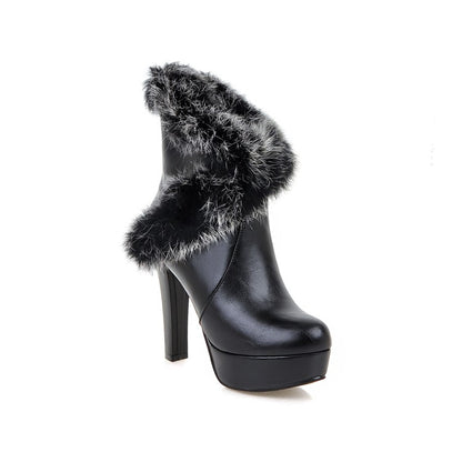 Women's Pu Leather Round Toe Fur Chunky Heel Platform Short Boots