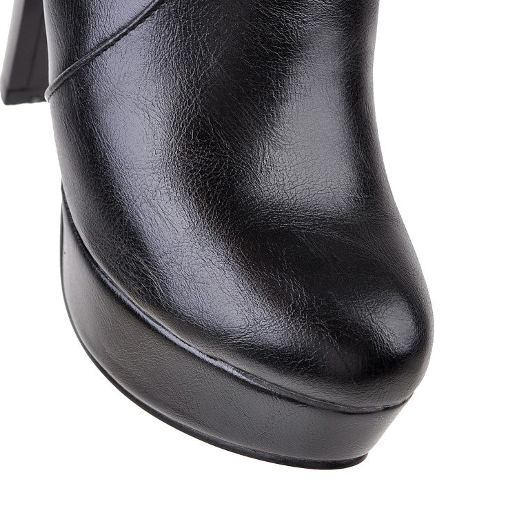 Women's Pu Leather Round Toe Fur Chunky Heel Platform Short Boots