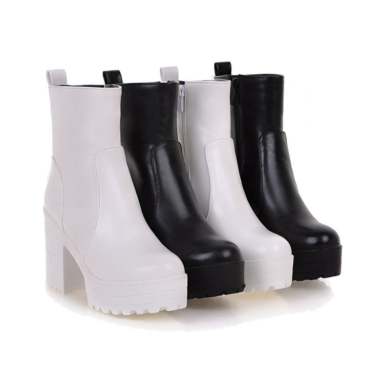 Women's Pu Leather Round Toe Block Heel Platform Short Boots