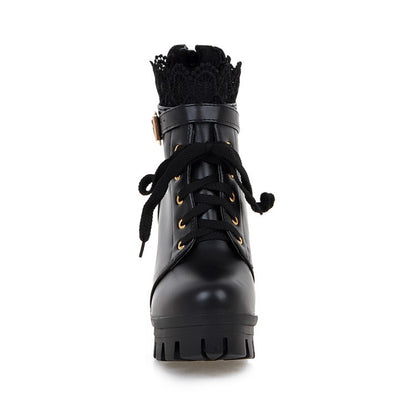 Women's Round Toe Lace Up Lace Chunky Heel Platform Ankle Boots