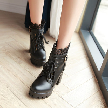 Women's Round Toe Lace Up Lace Chunky Heel Platform Ankle Boots