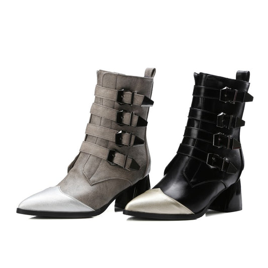 Women's Bicolor Pointed Toe Buckle Belts Block Chunky Heel Short Boots