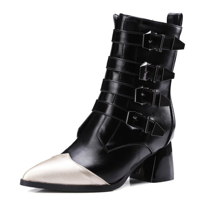 Women's Bicolor Pointed Toe Buckle Belts Block Chunky Heel Short Boots