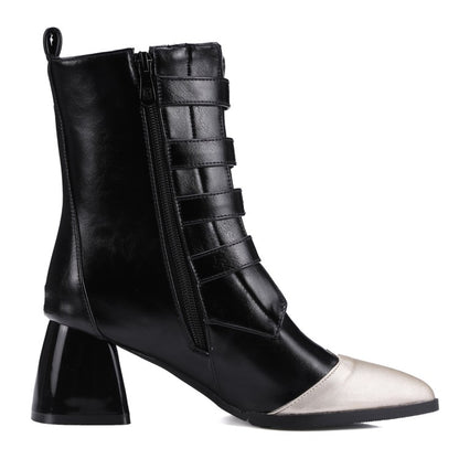 Women's Bicolor Pointed Toe Buckle Belts Block Chunky Heel Short Boots